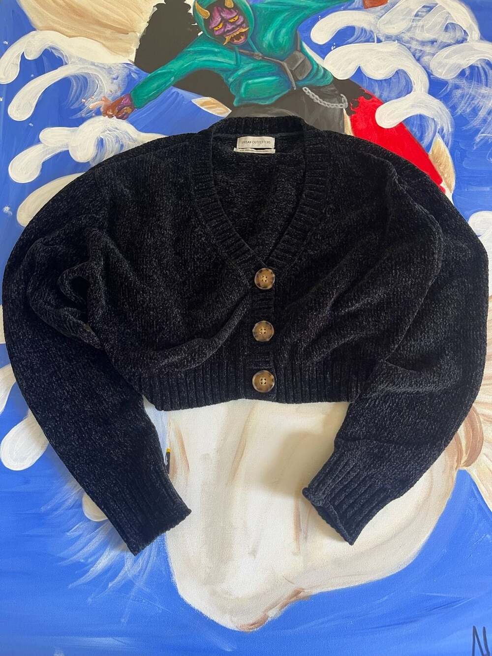 Urban Outfitters Black Chenille Cropped Button-Front Cardigan